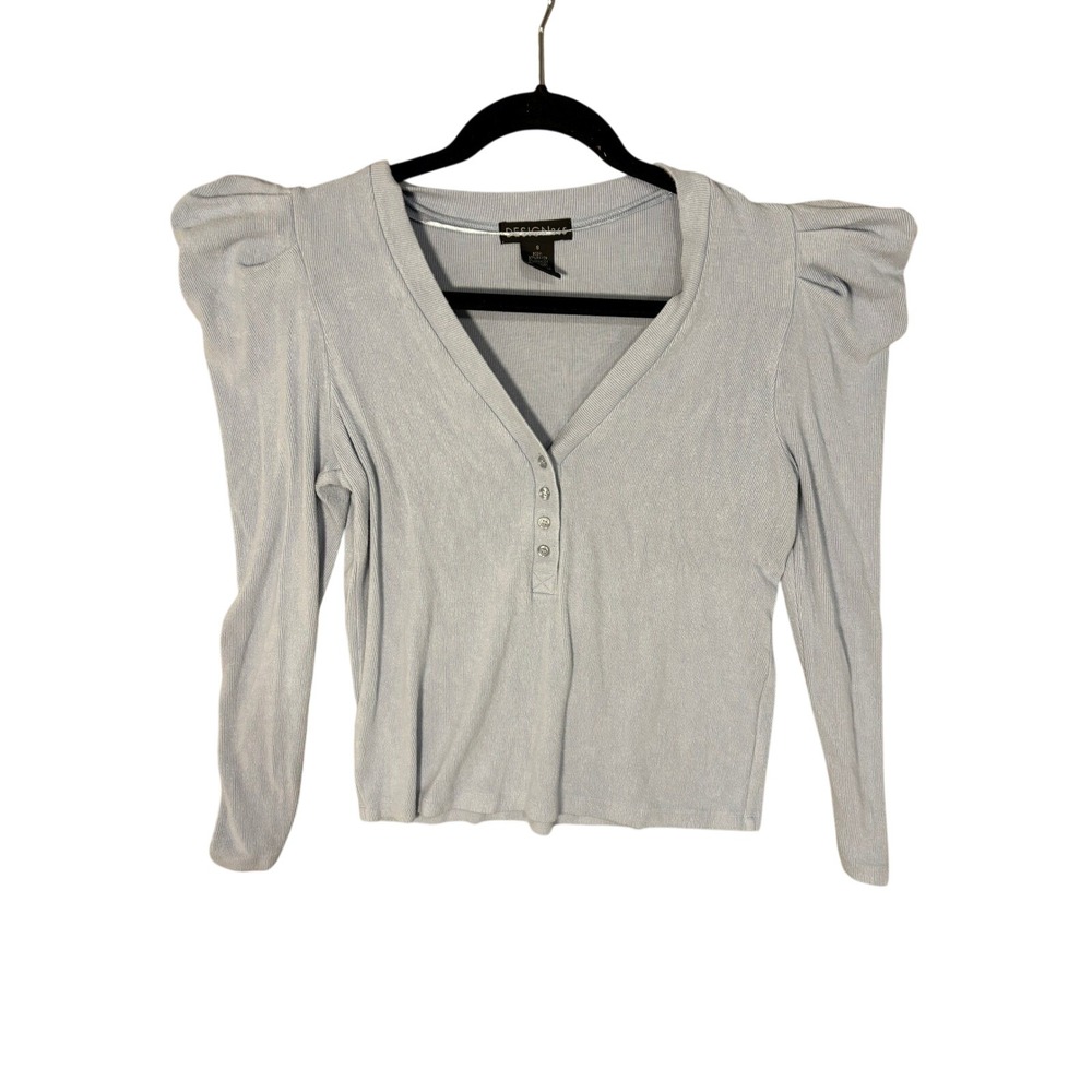 Design 365 Puff Sleeve Top Womens Small Blue Henley V-Neck Ribbed Knit